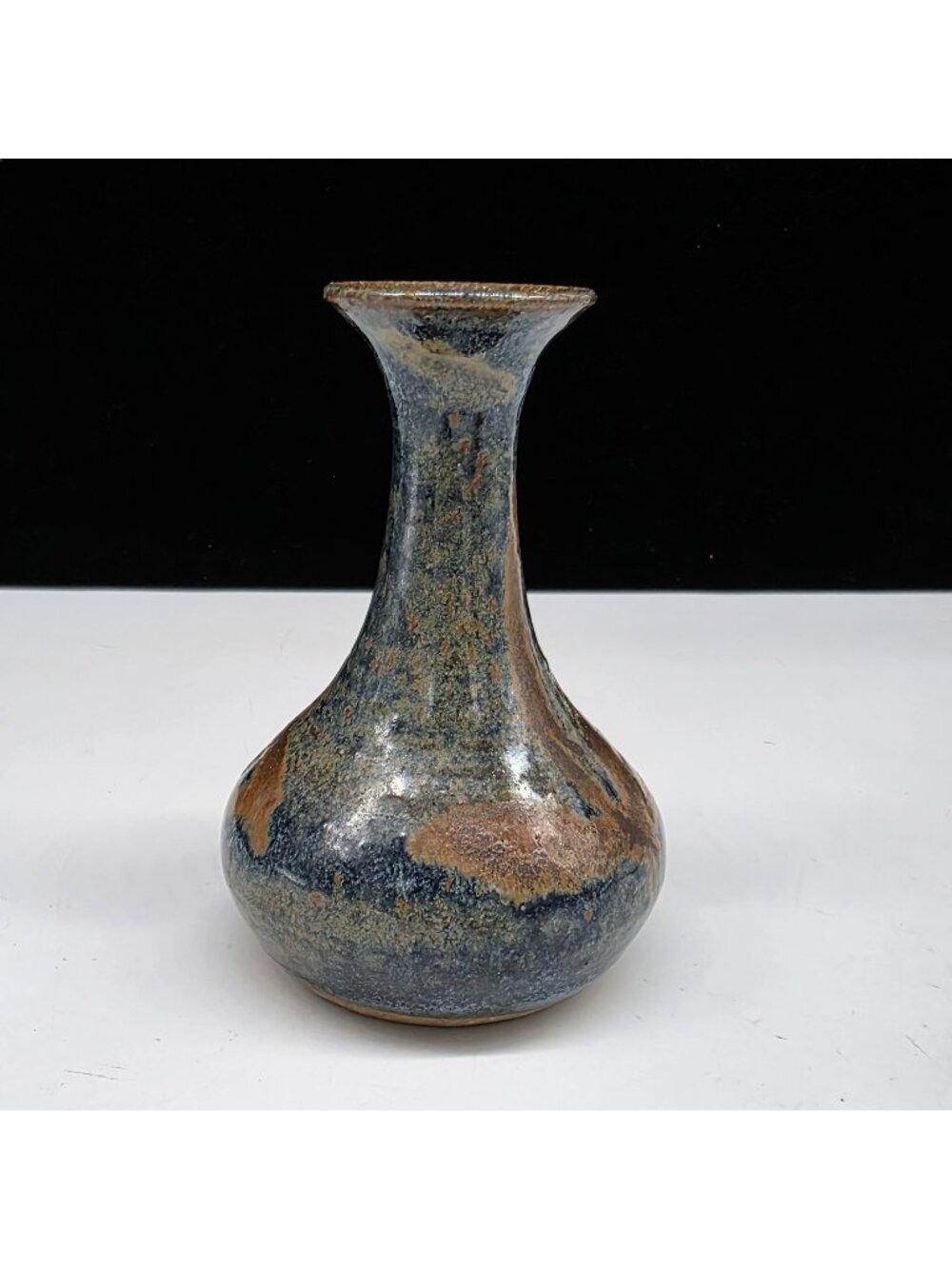 Signed Ceramic Vase Rustic Blue & Brown Glaze Finish Studio Pottery 4.25"
